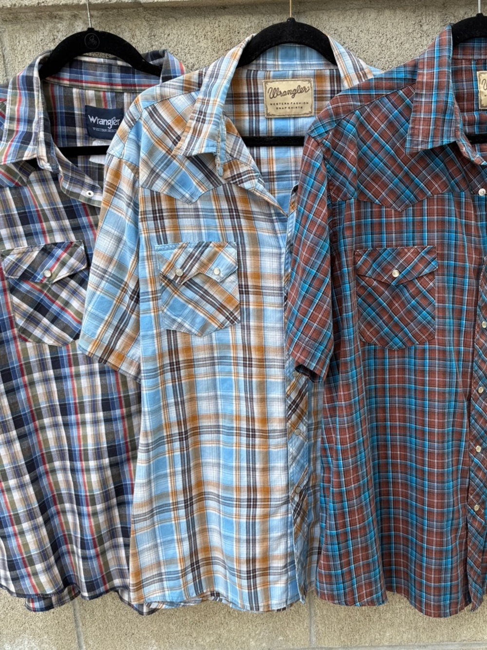 Wrangler Plaid Short-Sleeve Button-Down Shirts - Blue, Brown, Tan